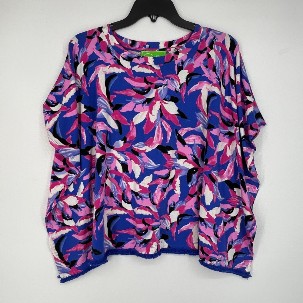 Pappagallo Womens Small Pullover Poncho Top Pink Purple Floral Relaxed Short Sl